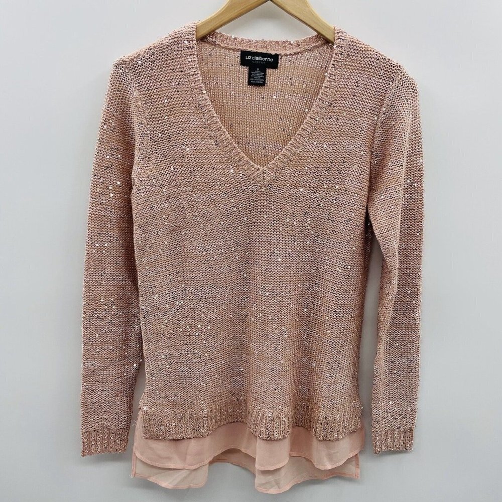 Liz Claiborne Career Women Small Sequin V Neck Pullover Sweater Chiffon Hem Pink
